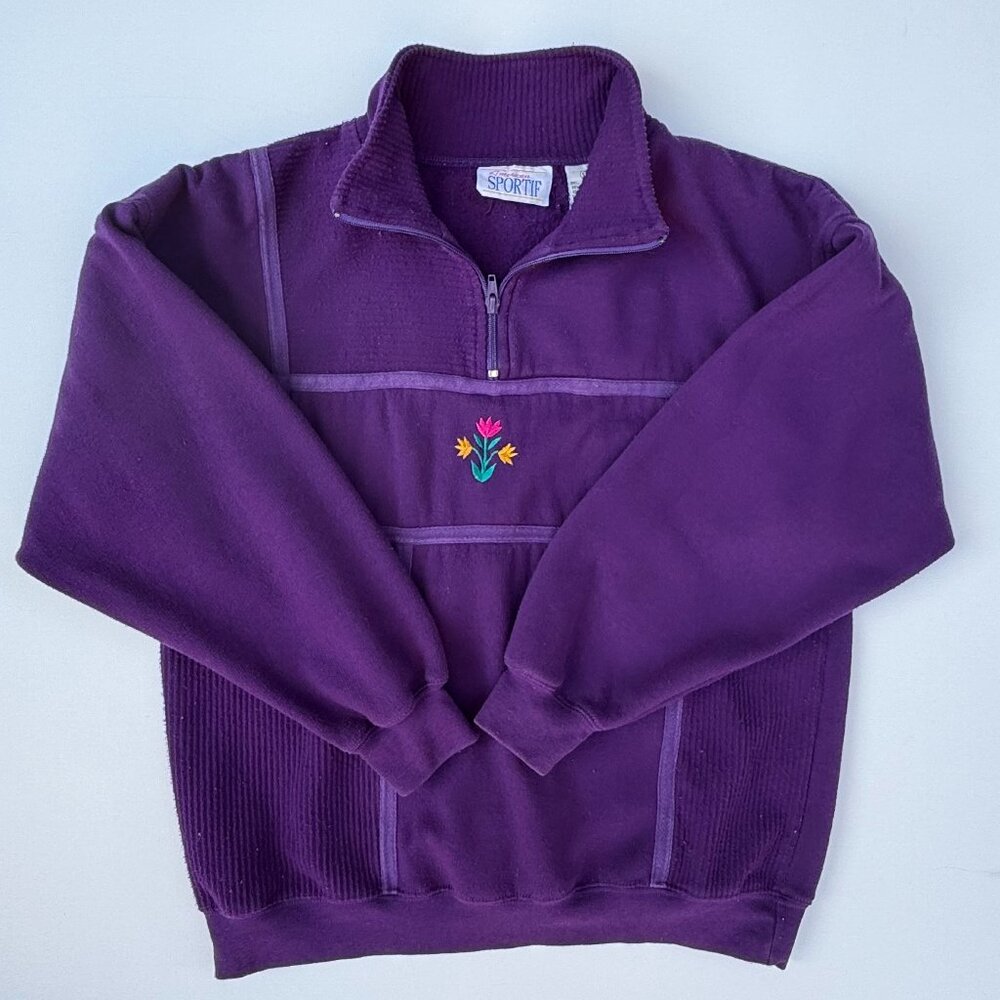 Vintage Pullover Sweater Womens Small Purple Embroidered Flowers 90s 1/4 Zip